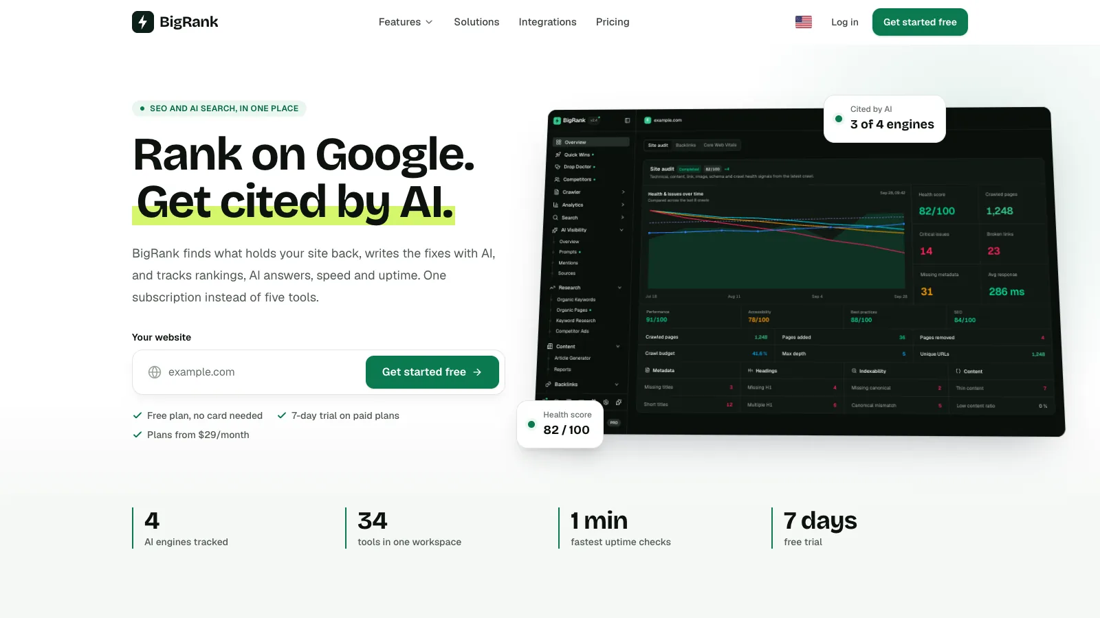 BigRank homepage: Rank on Google. Get cited by AI.